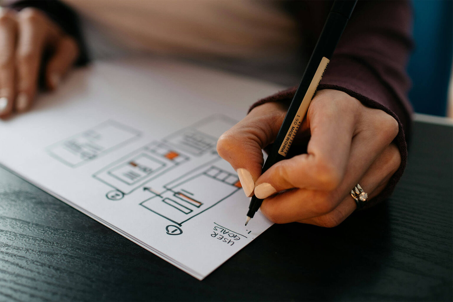 Hand skizziert ein UI-Wireframe auf Papier